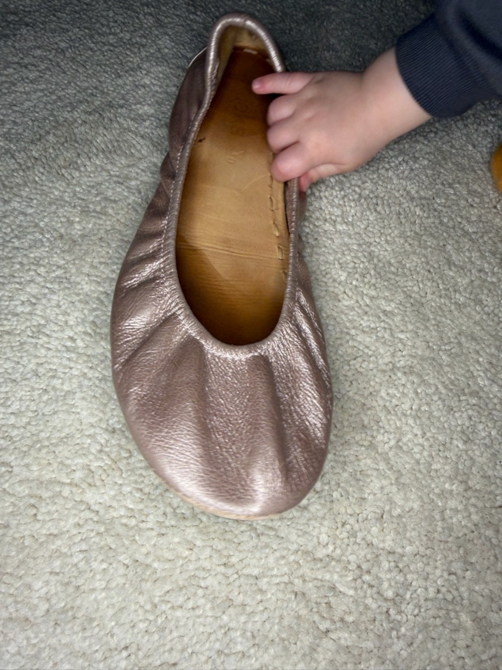 Tieks Metallic rose gold “Rosé” Ballet Flats with Teal Heel Tab